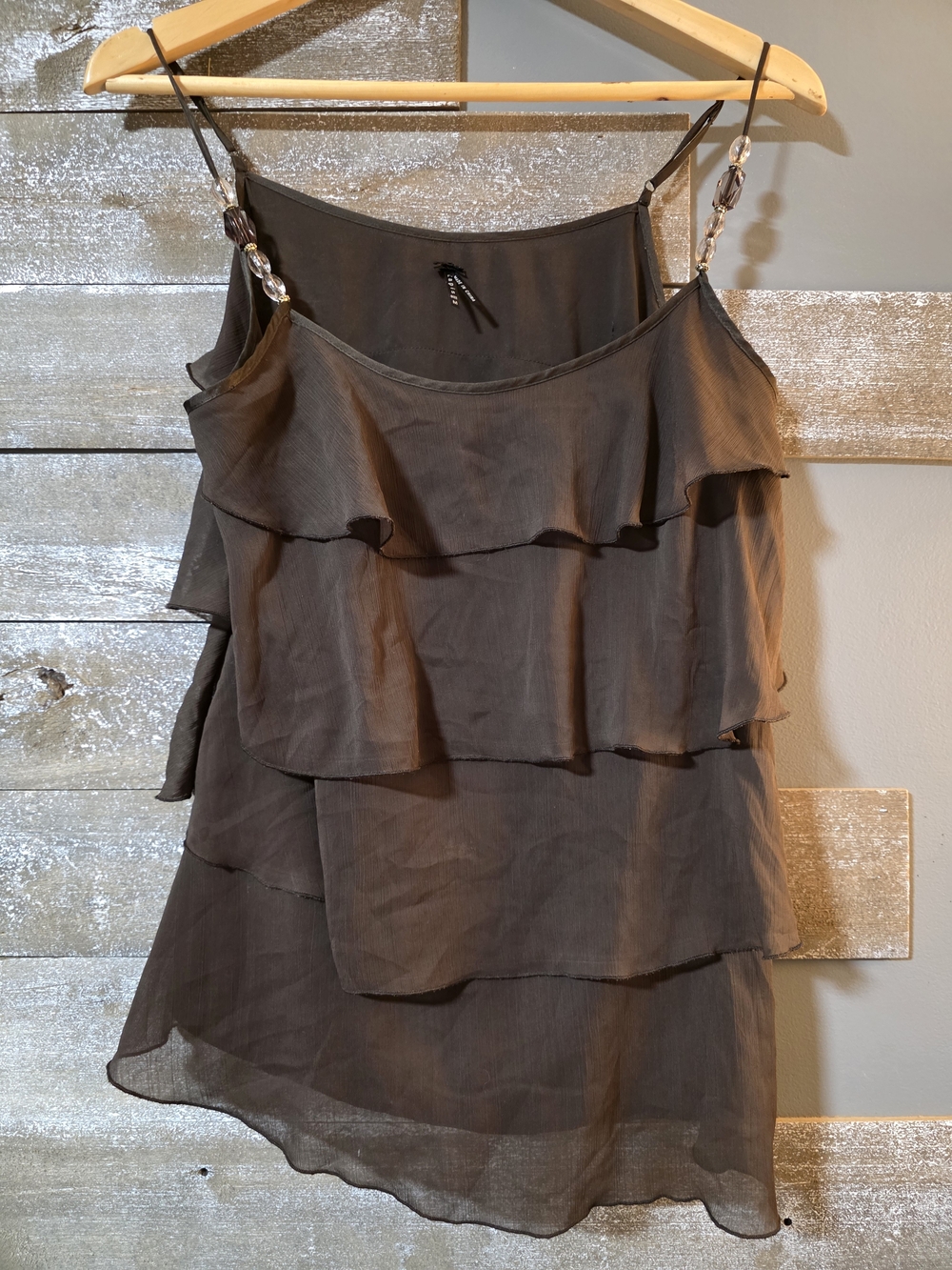 Lapis Brown Layered Ruffle Chiffon Camisole with Beaded Straps